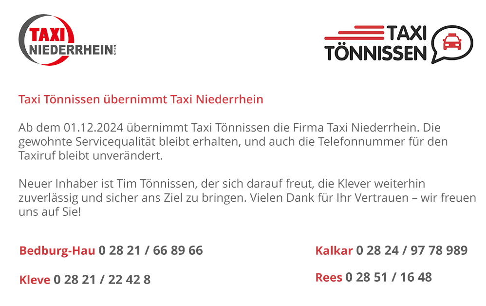 Taxi Tnnissen Kleve, Kalkar, Bedburg-Hau, Rees